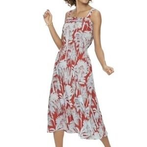 NWT Talbots Womens Oasis Palm Voile Fit & Flare Lightweight‎ Cotton Dress 14 Red